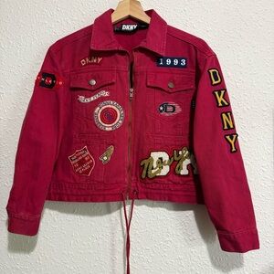 DKNY jeans culture M‎ Vibrant Red Embroidered patches crop bomber Jacket zip Y2K